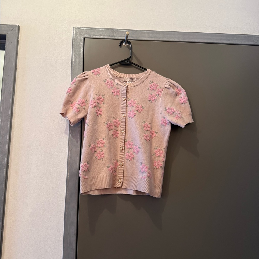 Pink Floral Short-Sleeve Cardigan